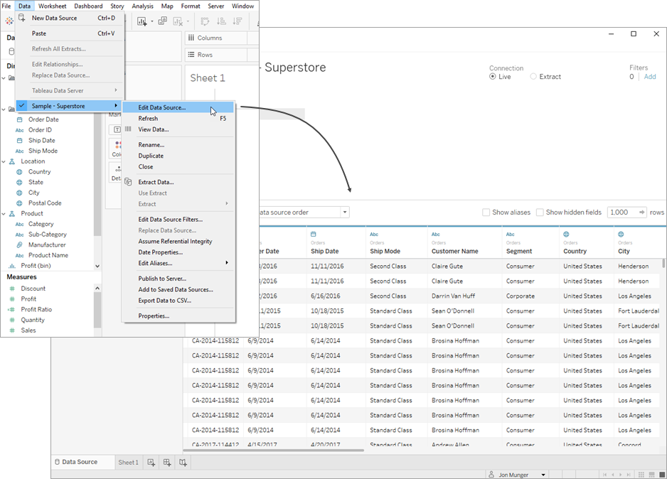 ویرایش منابع داده (Edit Data Source) در Tableau